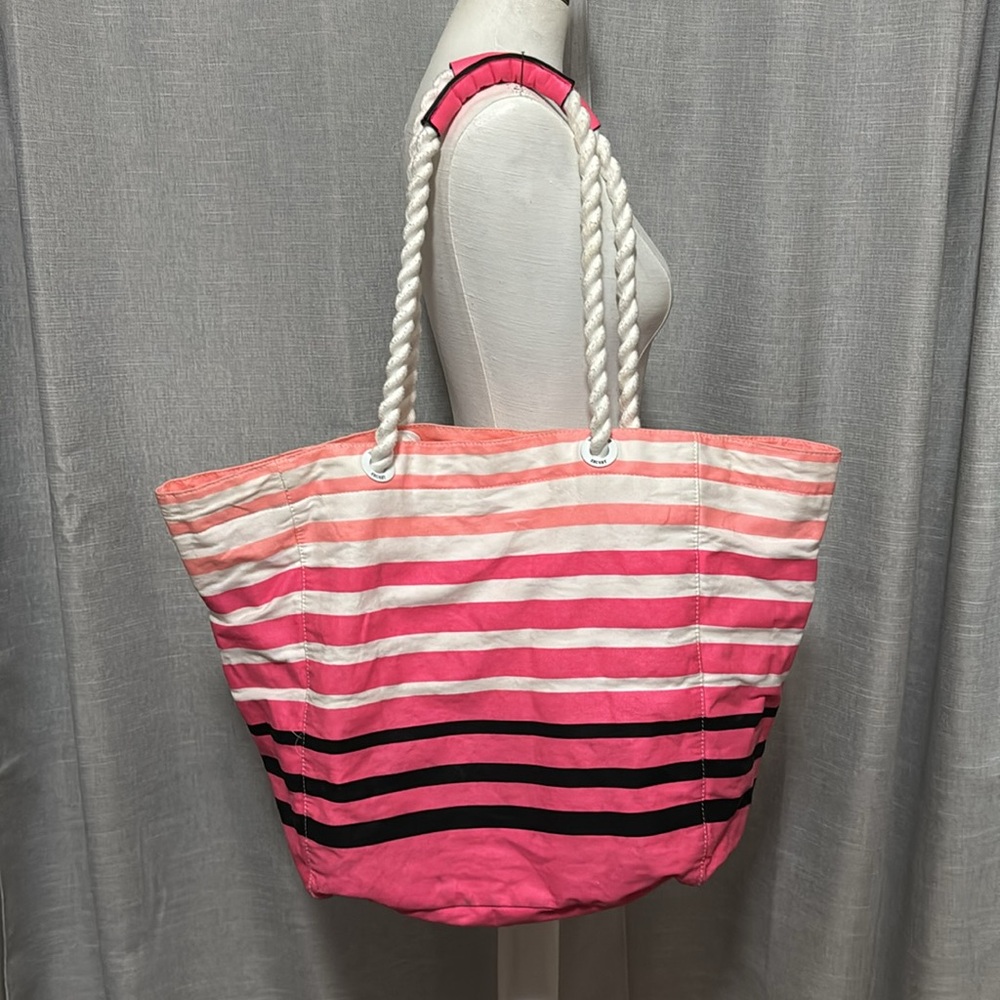 Victoria’s Secret Tote-Striped Pink White Black Peach-Open Top-“Rope” Handles - Picture 6 of 16